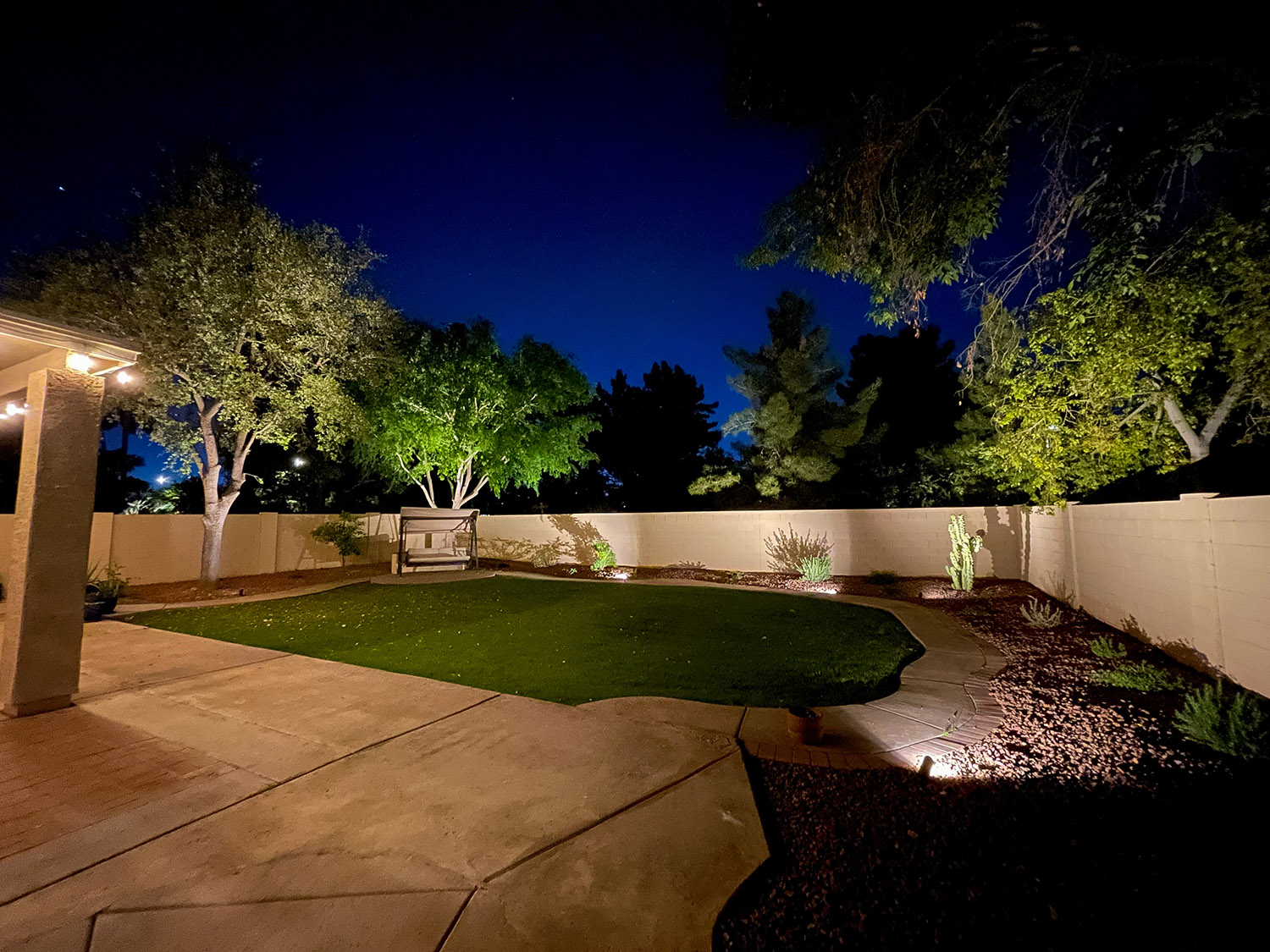Desert landscape lighting on a Apache Junction, Arizona home with up-lit plants at night