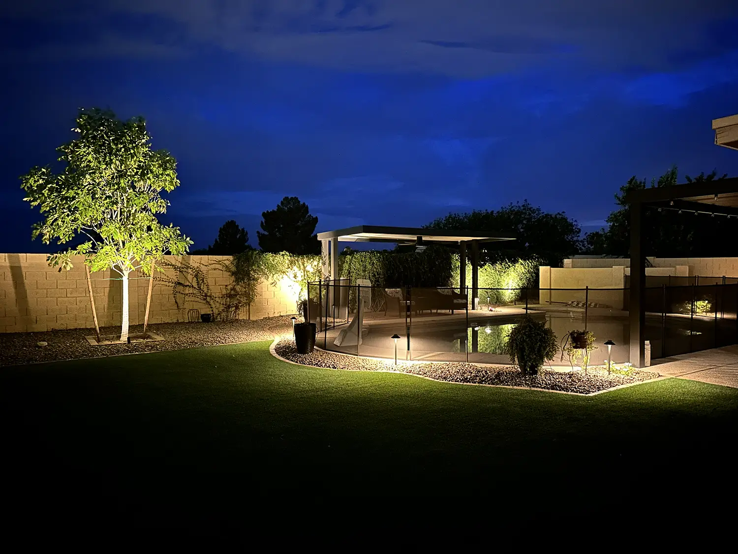 Desert landscape lighting on a Cave Creek, Arizona home with up-lit plants at night