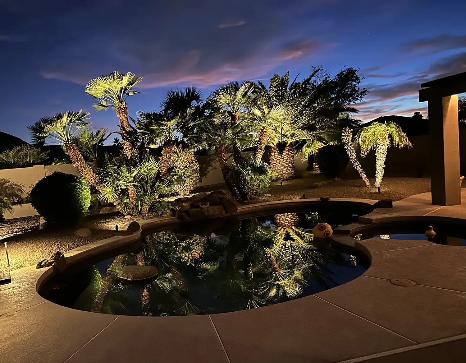 Desert landscape lighting on a Carefree, Arizona home with up-lit plants at night