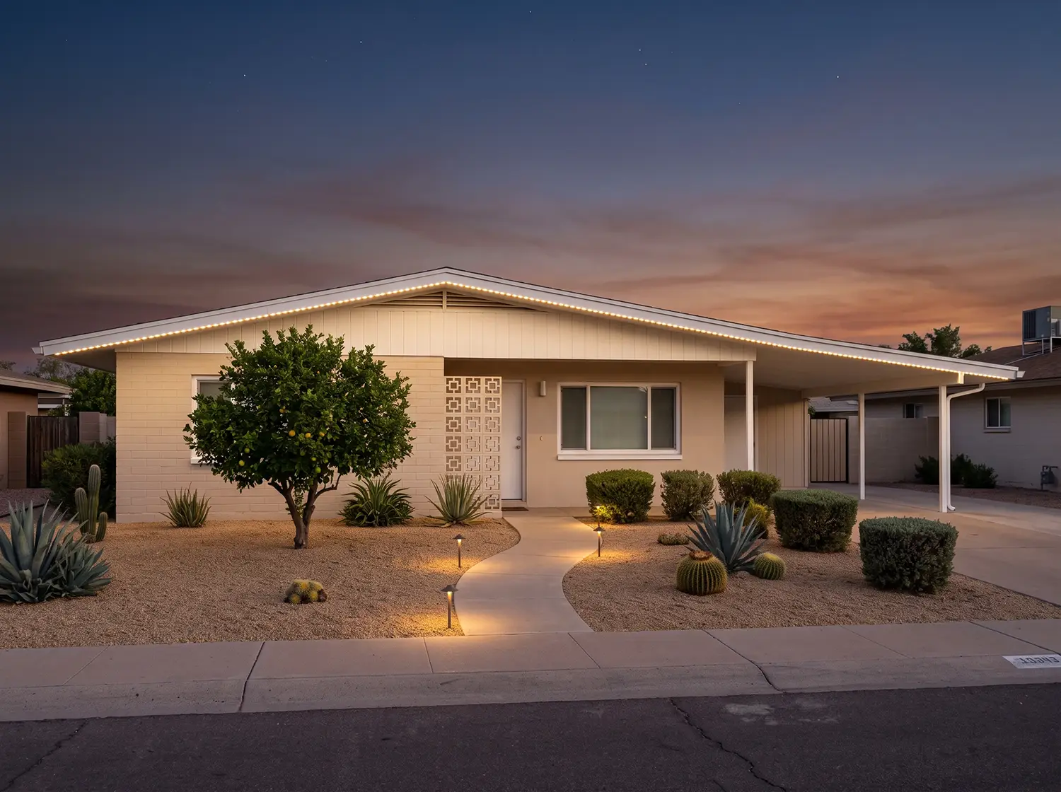 Permanent trim lighting installed on a Sun City, Arizona home at dusk