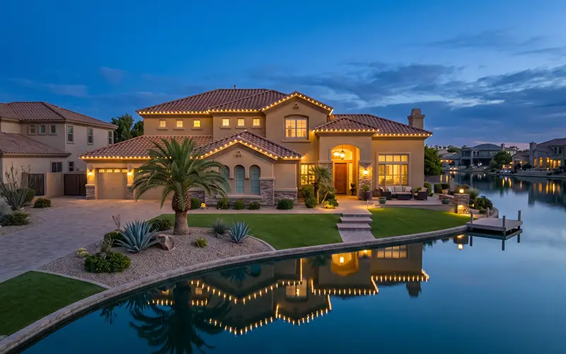 Permanent trim lighting installed on a Avondale, Arizona home at dusk