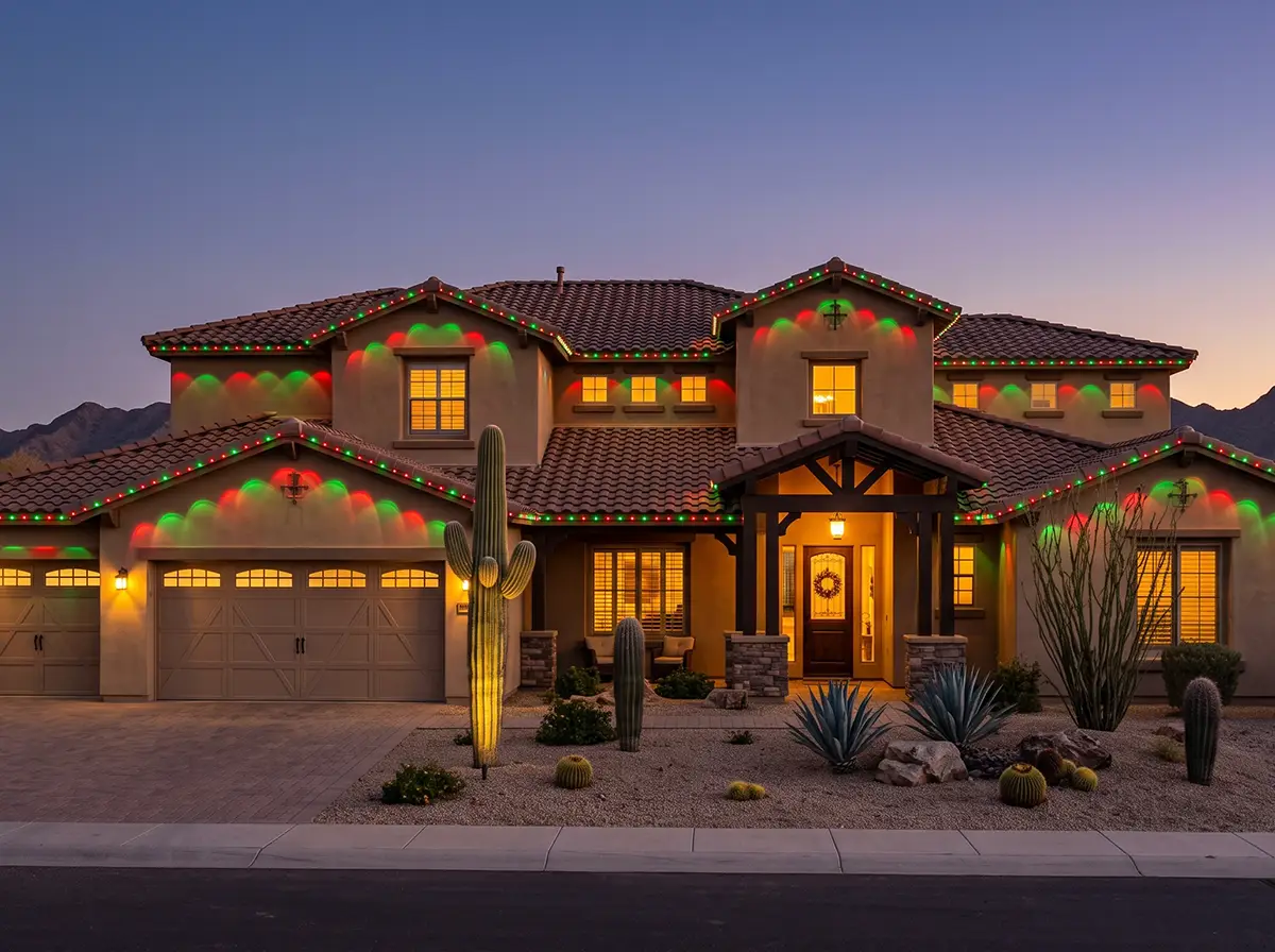 Arizona home at twilight with red and green permanent holiday trim lighting along every roofline and gable, above a desert front yard with an uplit saguaro Arizona home at twilight with red and green permanent holiday trim lighting along every roofline and gable, above a desert front yard with an uplit saguaro