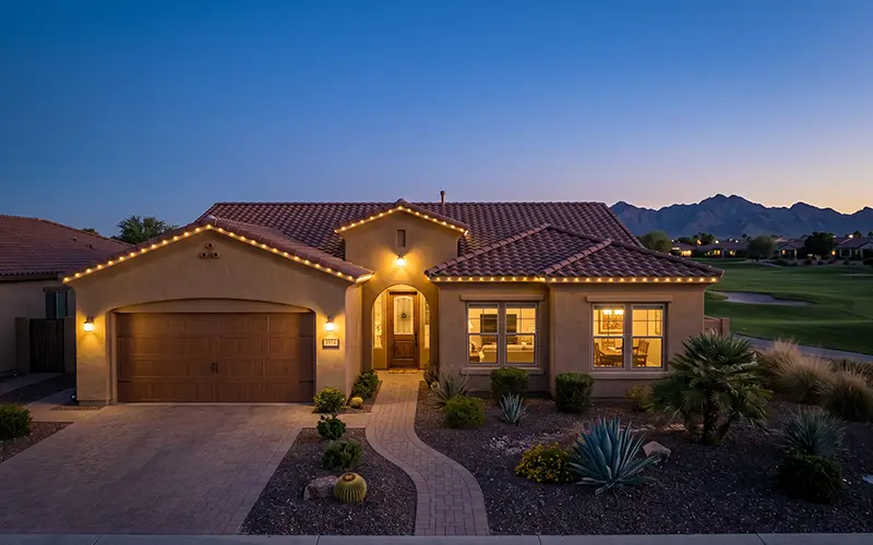Permanent trim lighting on a Sun City West, Arizona home at dusk