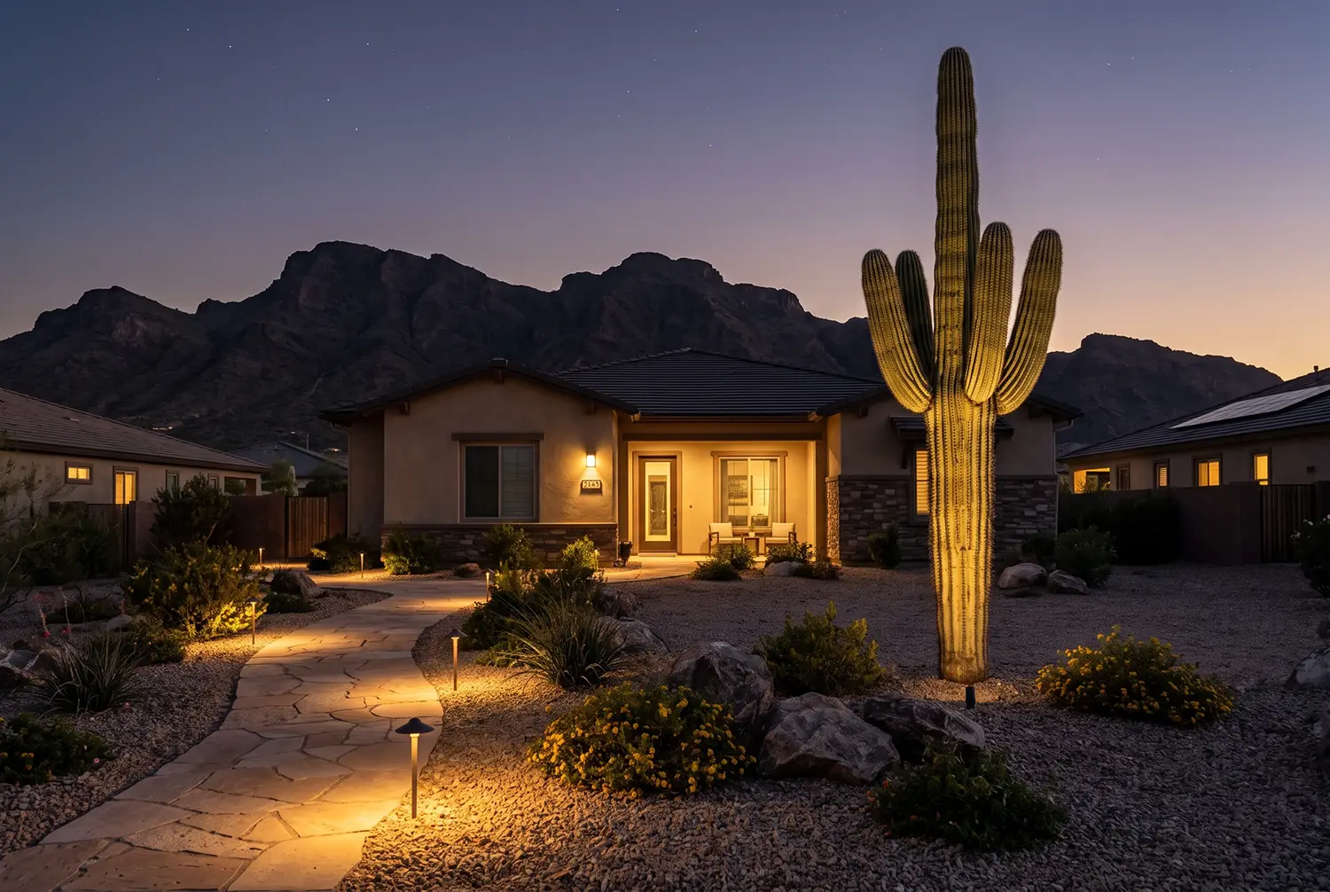 Desert landscape lighting on a Buckeye, Arizona home with up-lit plants at night