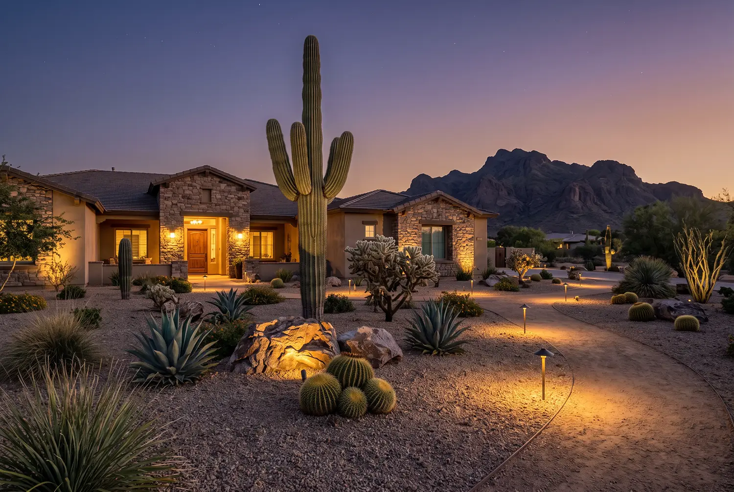 Desert landscape lighting on a Casa Grande, Arizona home with up-lit plants at night