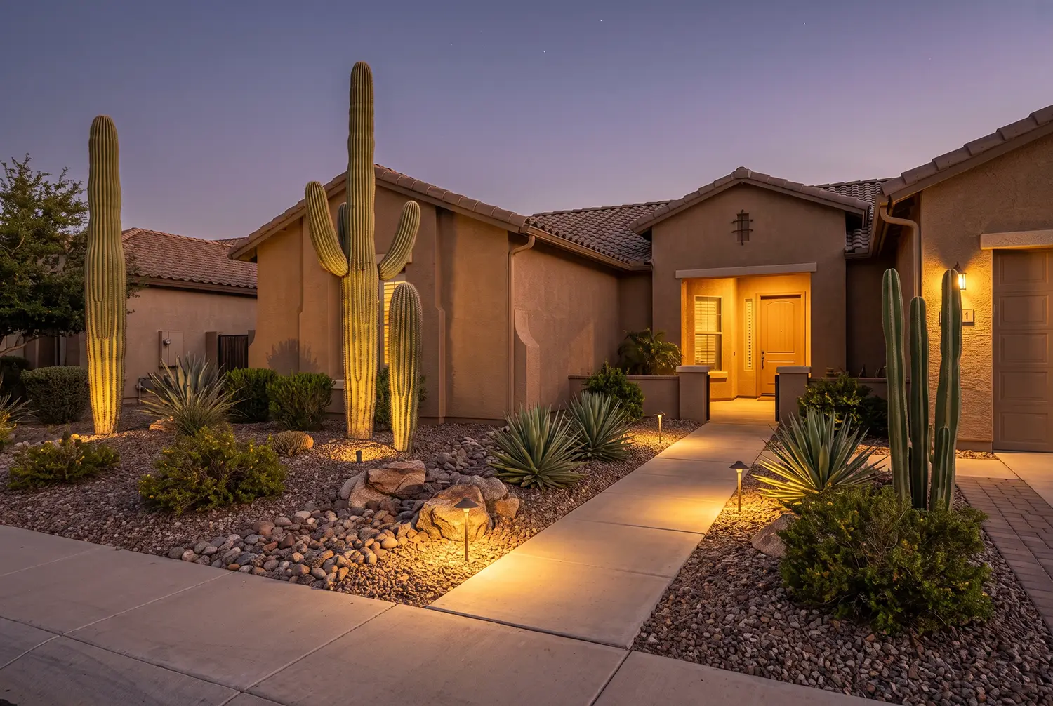 Desert landscape lighting on a El Mirage, Arizona home with up-lit plants at night