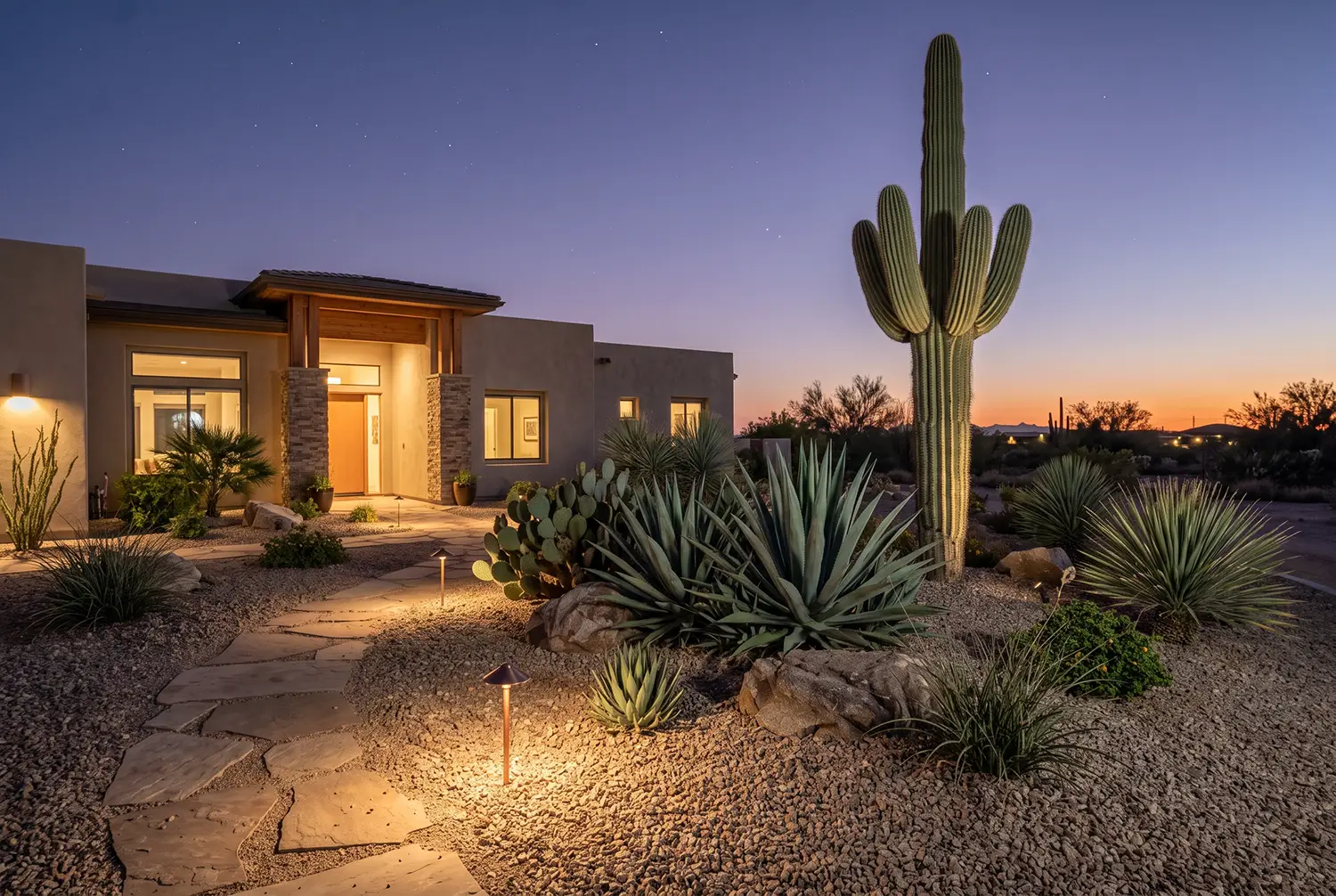 Desert landscape lighting on a Florence, Arizona home with up-lit plants at night