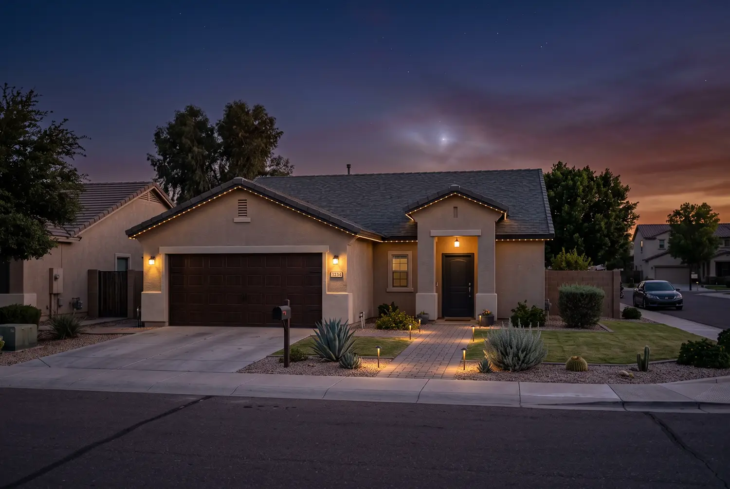 Permanent trim lighting installed on a El Mirage, Arizona home at dusk