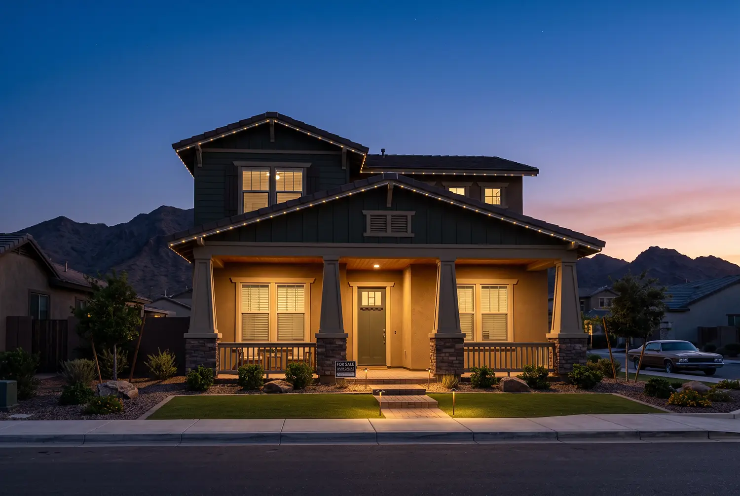 Permanent trim lighting installed on a Buckeye, Arizona home at dusk