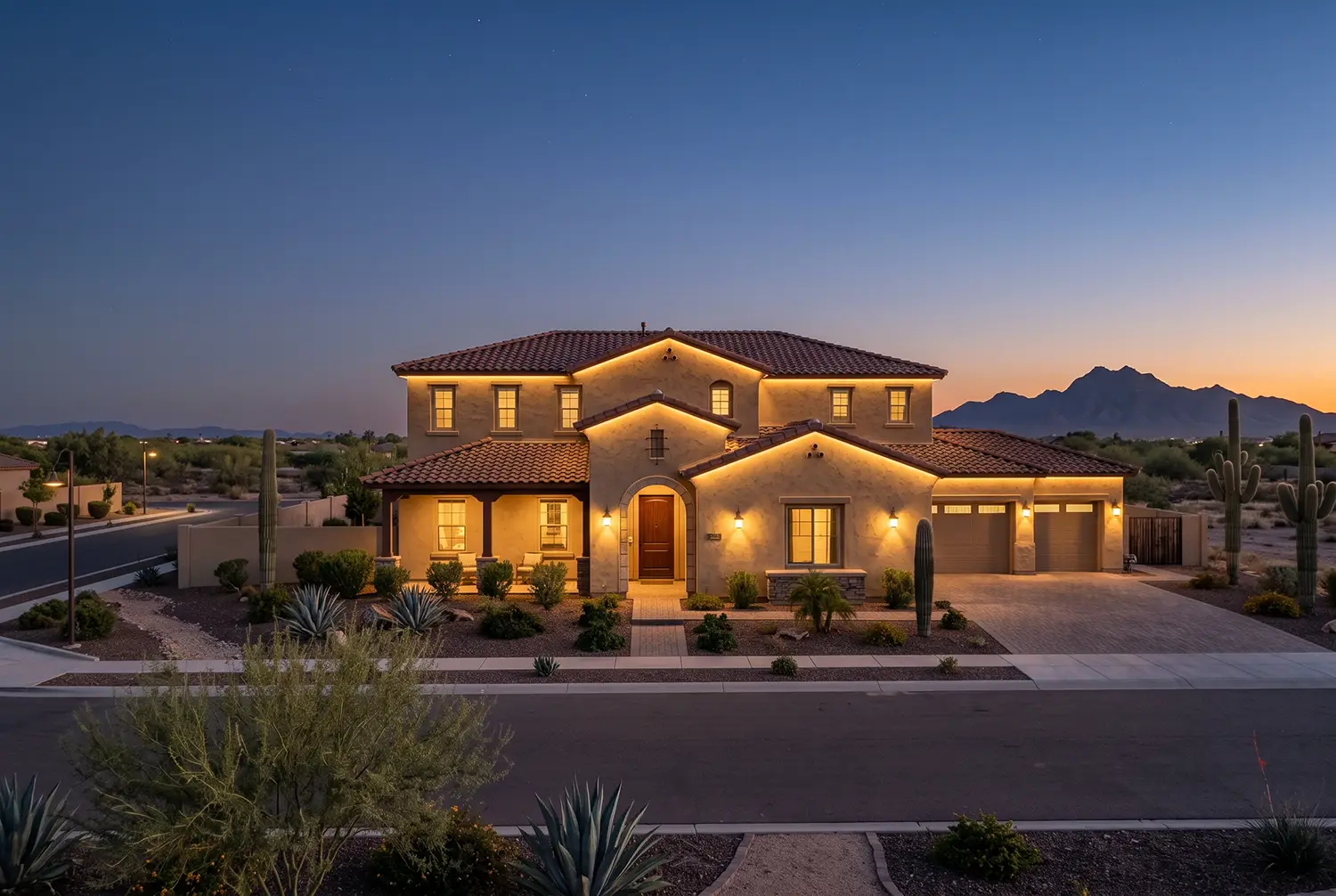 Permanent trim lighting installed on a Casa Grande, Arizona home at dusk