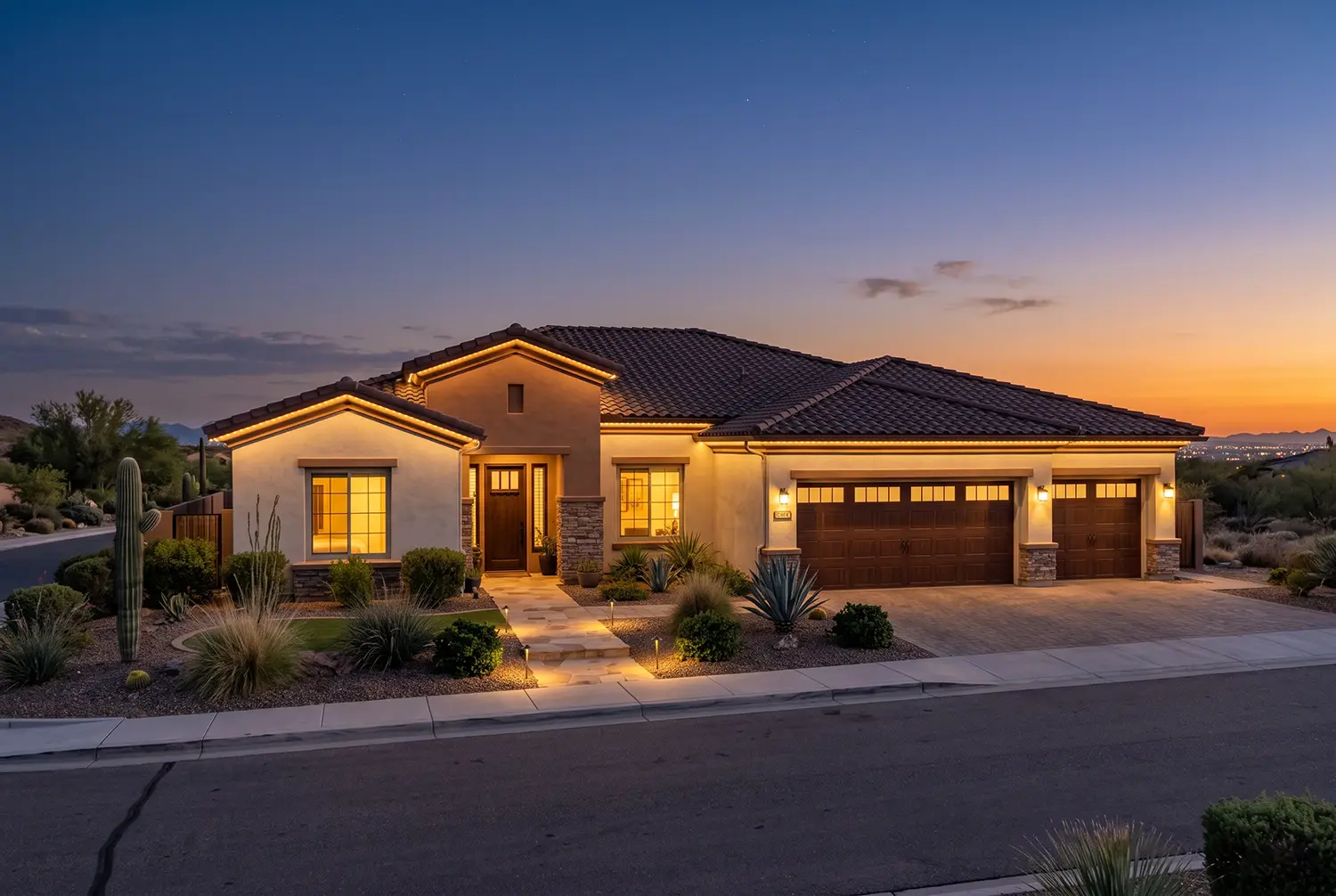 Permanent trim lighting installed on a Florence, Arizona home at dusk
